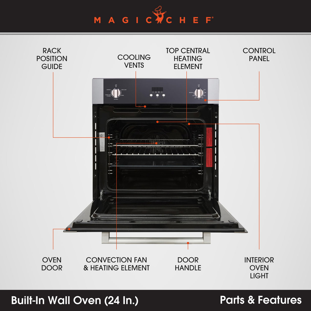 Magic Chef Single Electric Wall Oven with Convection Feature for Cooking & Baking, 24" Magic Chef