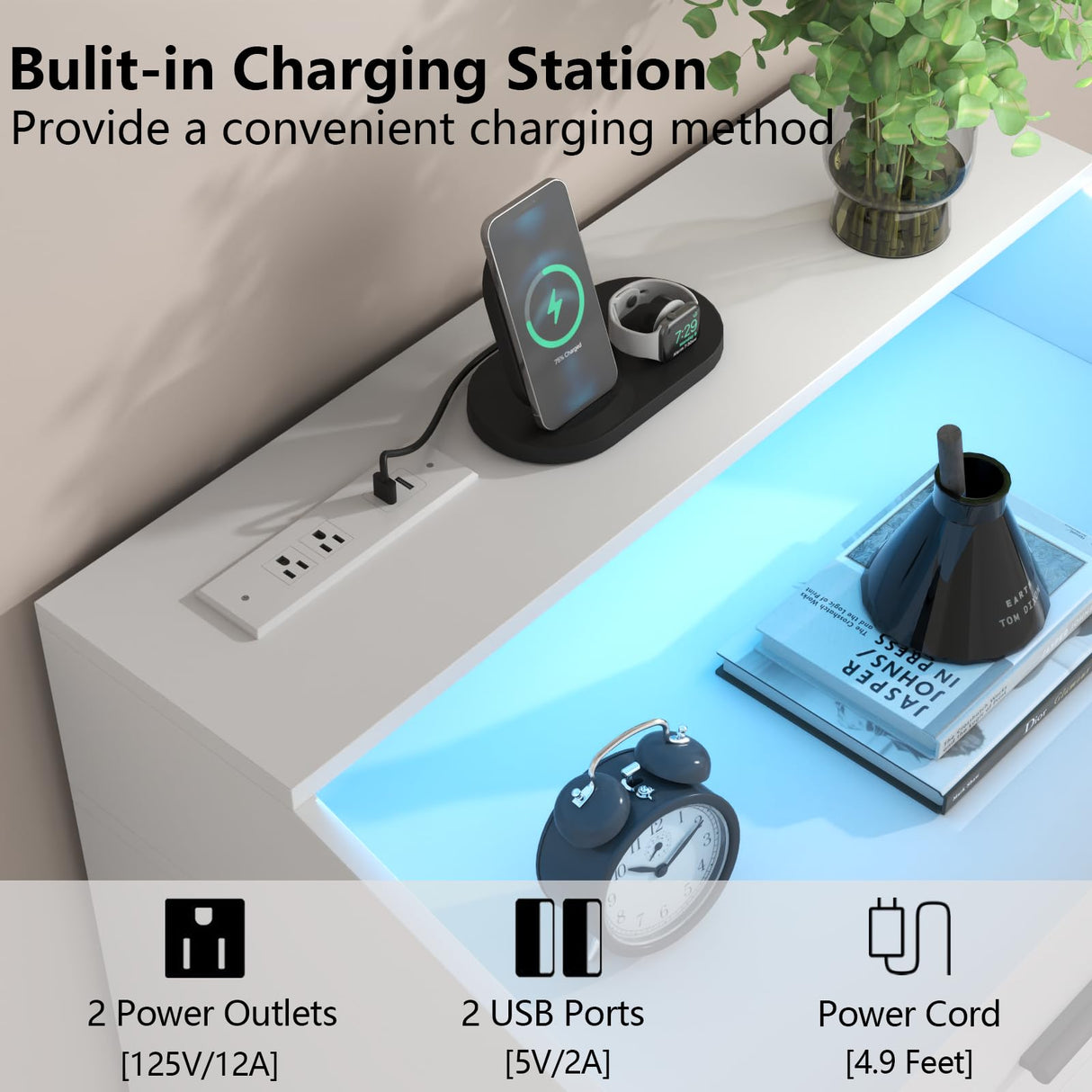 Gyfimoie 4 Drawers Dresser with Power Outlet, Chest of Drawers with LED Light, White Dresser Organizer with Open Storage Cubby, Modern Nightshatnd for Bedroom, Living Room, Entryway, Hallway Gyfimoie