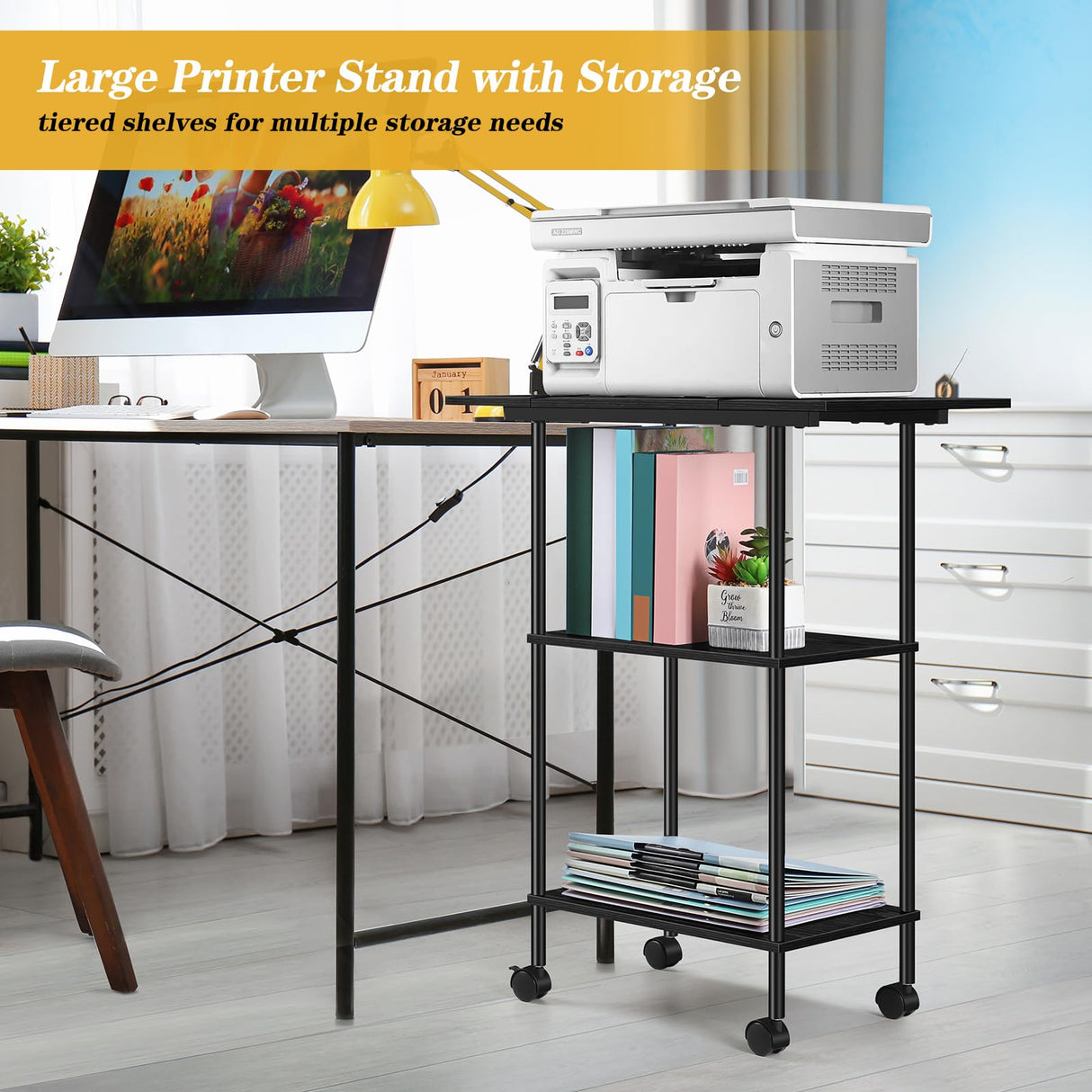 Luplom Black Printer Stand with Storage 3 Tier Rolling Printer Cart with Wheels Large Printer Table for Home Office, Modern Printer Desk Shelf Side Table for Filing Fax Machine Scanner Microwave Luplom