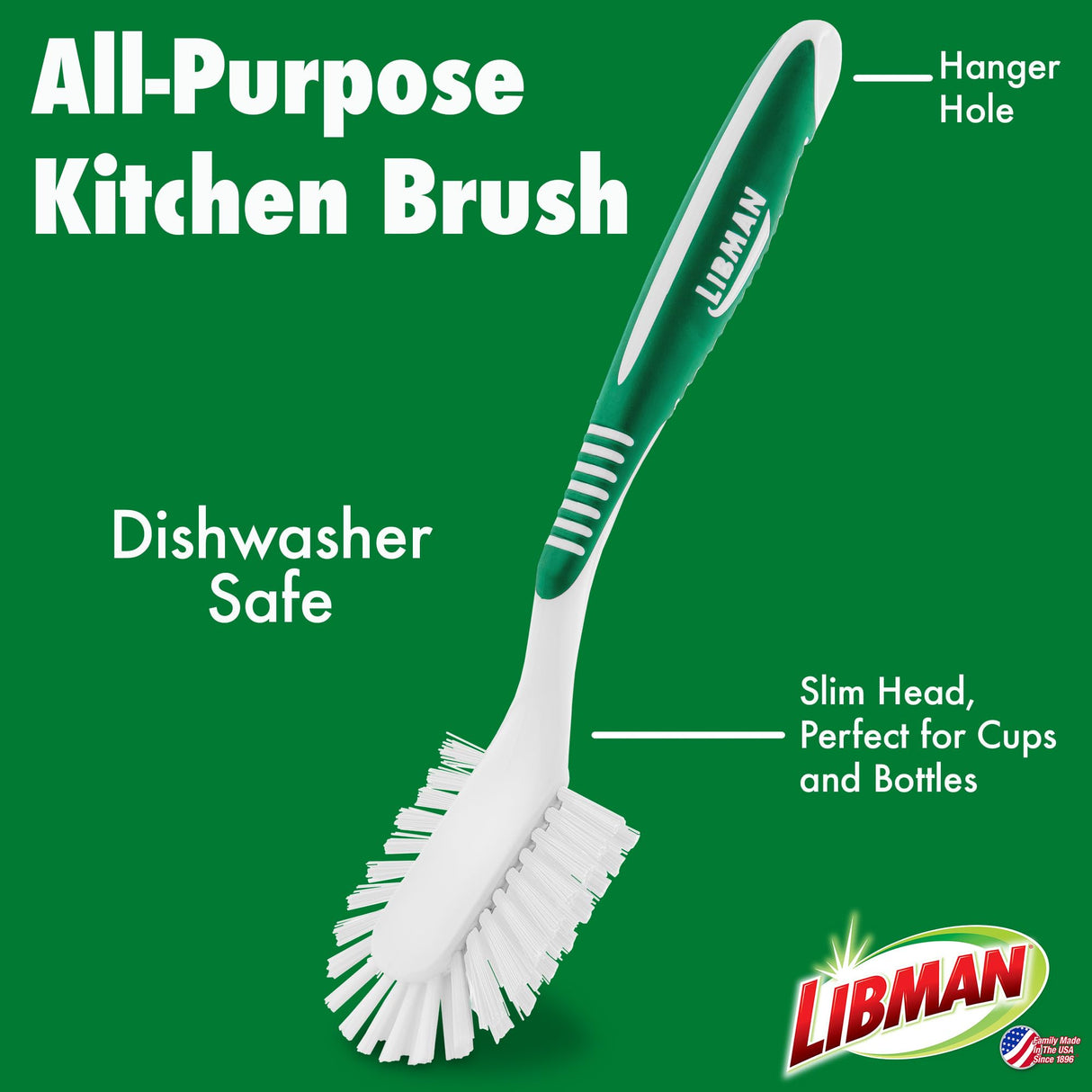 Libman Green & White Cleaning Brush Kit, 3-Piece Set, All-Purpose Brushes for Kitchen, Basins, Sinks, Dishwashers Libman