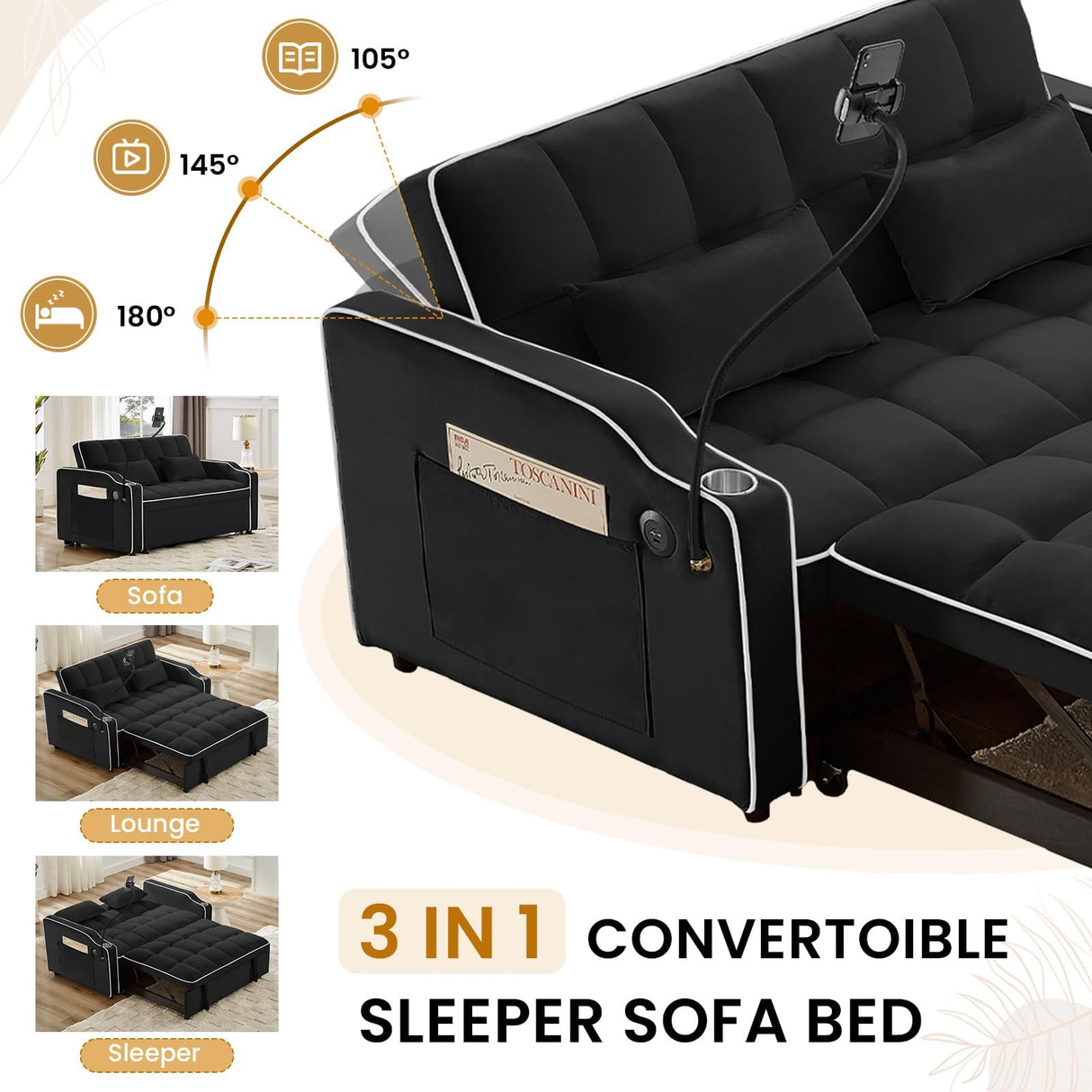 KINFFICT Sleeper Sofa Couch Bed with Phone Holder, Modern 3-in-1 Convertible Velvet Pull Out Loveseat Futon Sofa with USB & Type C Port & Cup Holder for Living Room Bedroom Office KINFFICT