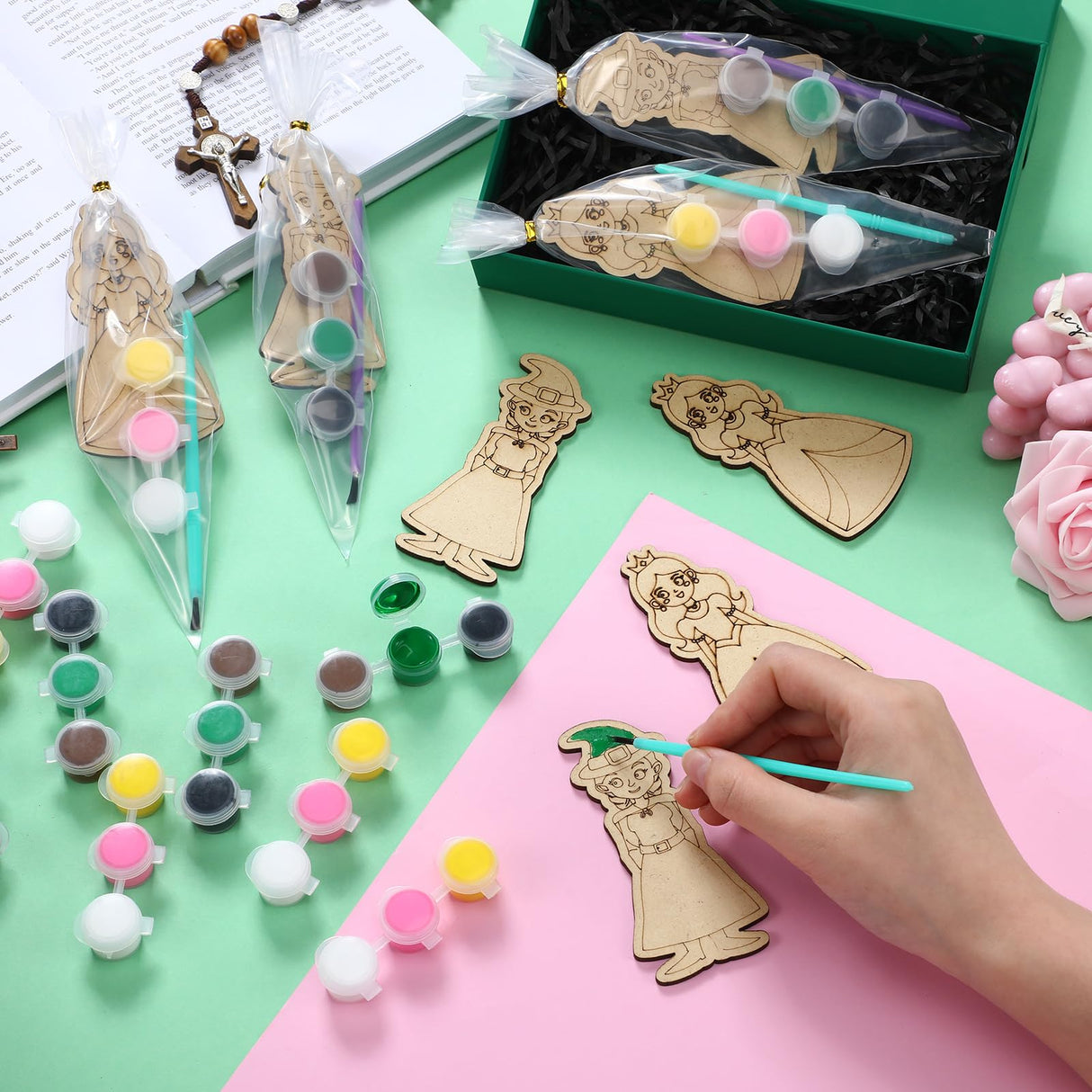 Honoson 24 Set Paint Your Own Witch and Princess Crafts DIY Wooden Painting Craft Kit Pink and Green Color Your Own Witch Princess for Birthday Gifts Party Favors Honoson