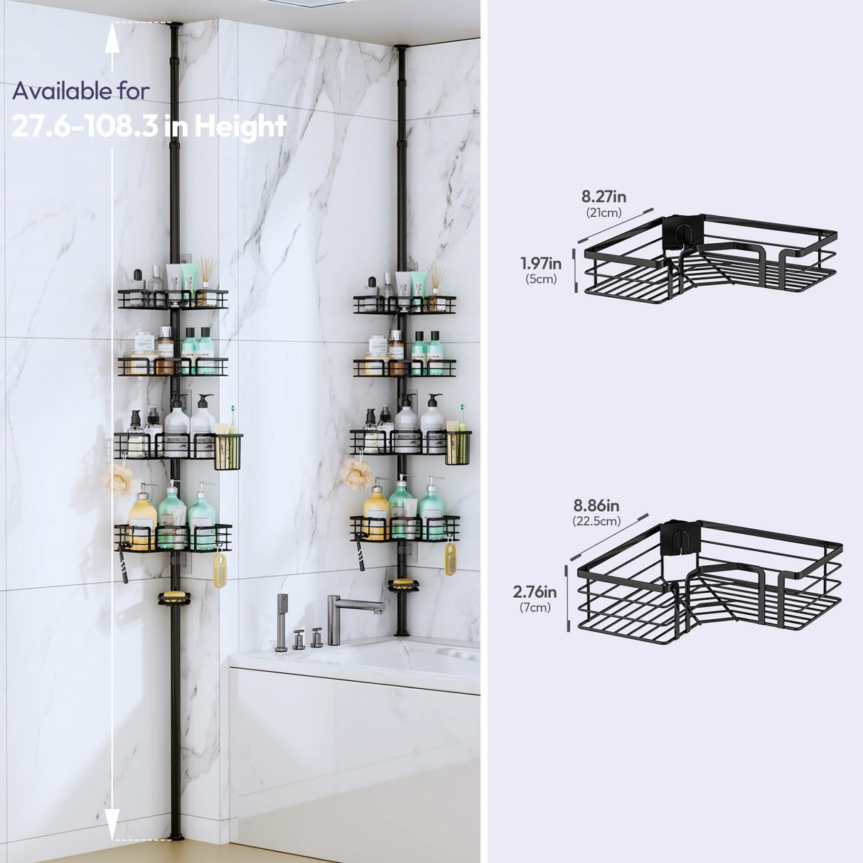 SWTYMIKI Shower Caddy Tension Pole - 4-Tier Corner Shower Organizer Tension Rod with Soap Holder, Toothbrush Holder & 4 Hooks, Adjustable Stainless Steel Bathroom Organizer 27.6 to 108.3 inch, Black SWTYMIKI