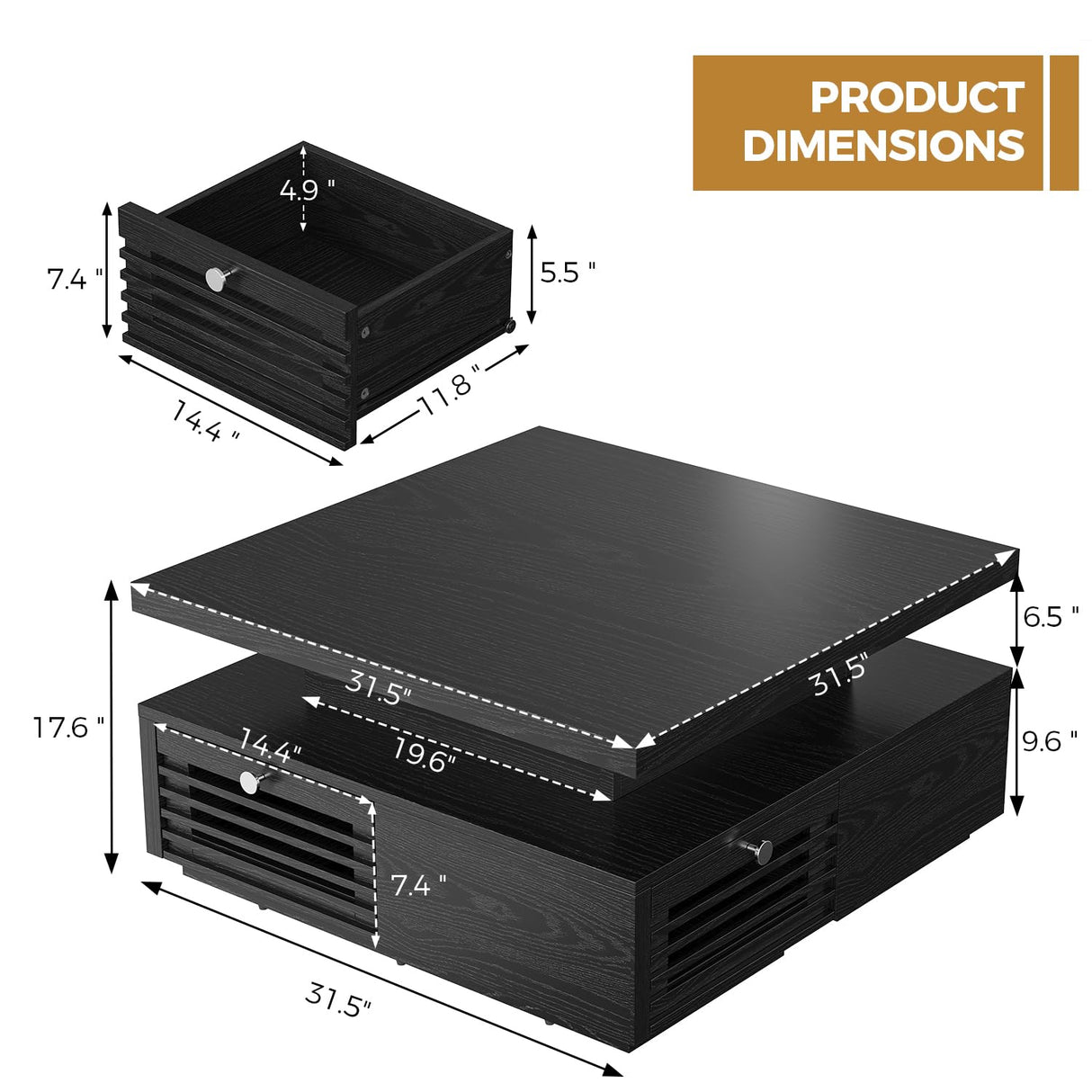 IRONCK Mid Century Modern Coffee Table with LED Lights & Charging Station, 4 Storage Drawers with Grille Design, Square Wood Coffee Table for Living Room Office, (Black) IRONCK