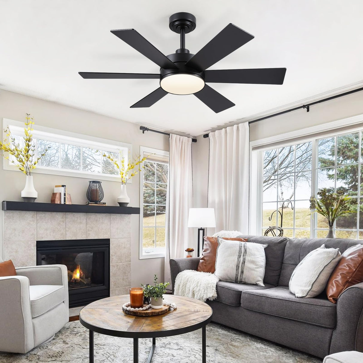 42 inch Ceiling Fans with Lights, Black Ceiling Fan with Remote APP, Dual-Sided Modern/Rustic 6 Blades, Reversible, 3CCT, Sloped Flush Mount Low Profile Ceiling Fan with Lights Bedroom Kitchen Indoor BayDay
