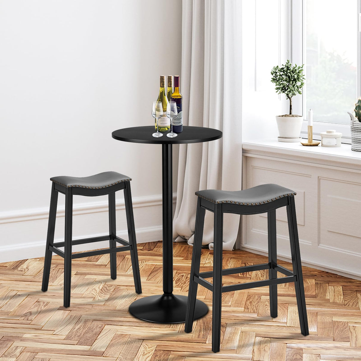 Furniga 24β Round Top Pub Bar Table, 40β Height Cocktail Table w/Metal Base & MDF Tabletop, Modern Circular Bistro High Table for Dining Room Living Room Kitchen Restaurant Home Bar, Black (1) Furniga