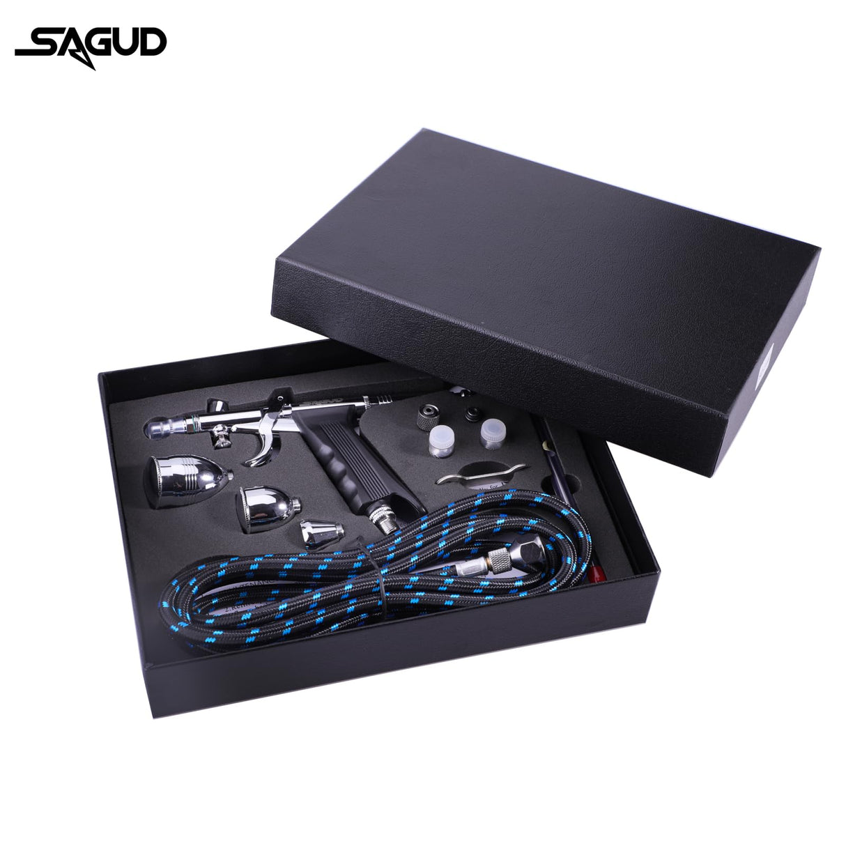 SAGUD Airbrush Gun Set Single Action Air Brush Pen 0.3mm with Extra 0.5 0.8 mm Needles,Airbrush Hose and 2CC/5CC/13CC Cup Kit SAGUD