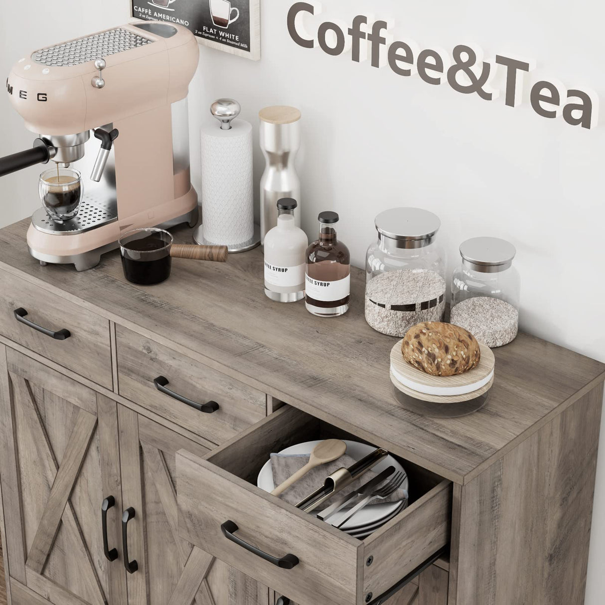 HOSTACK Modern Farmhouse Buffet Sideboard Cabinet, Barn Doors Storage Cabinet with Drawers and Shelves, Wood Coffee Bar Cabinet with Storage for Dining Room, Kitchen, Living Room, Ash Grey HOSTACK