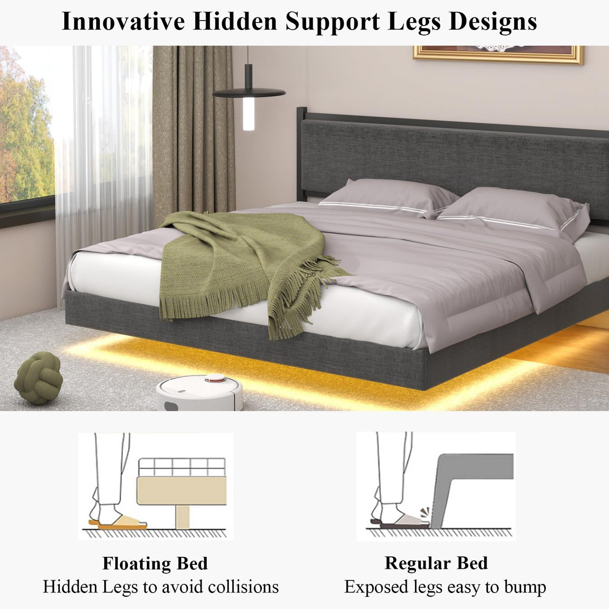 Gyfimoie Modern Grey King Floating Bed Frame with LED Lights and Double Beam Support Gyfimoie