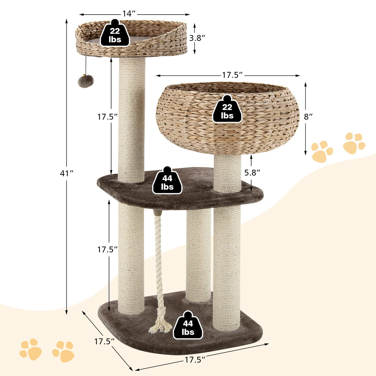 Tangkula Modern Cat Tree for Indoor Cats, Small/Tall Cat Tree with Natural Sisal Scratching Post, Hand-Made Wicker Cat Condo & Top Perch, Funny Hanging Toy Ball, Cute Cat Tree Tower for Large Cats Tangkula