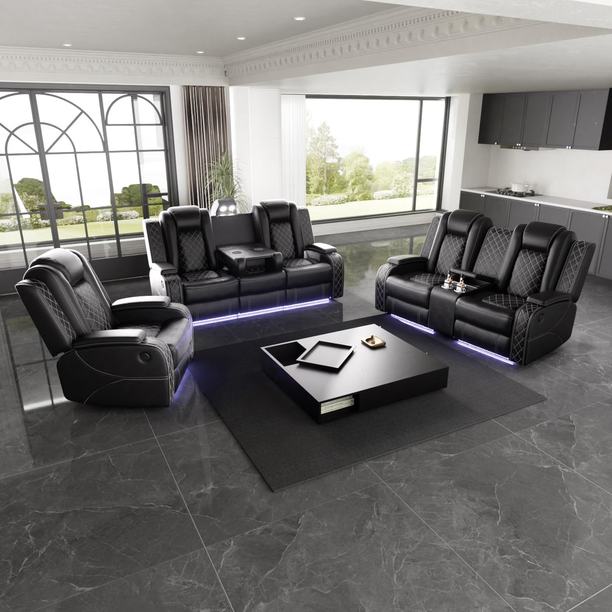 SIENWIEY Power Leather Recliner Sofa Set with LED Light,Leather Couch Set for Reclining Sofa with Drop-Down Table/Loveseat with Storage Console/Single Chair 3 PCS Living Room Furniture(Black,3+2+1) SIENWIEY