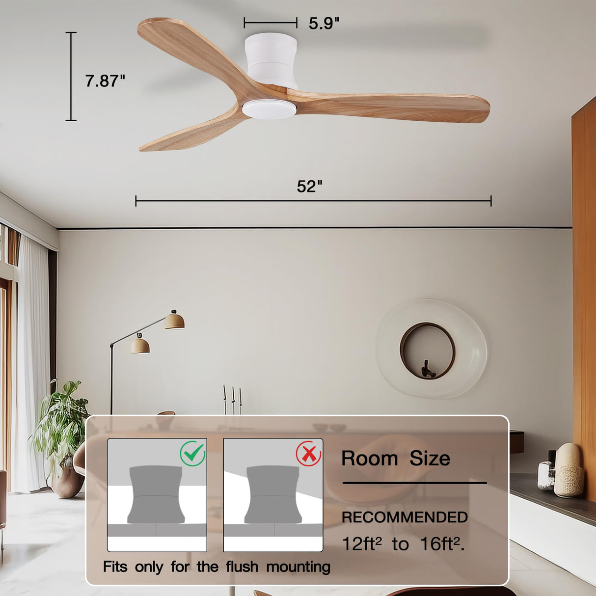 Hoenofly Smart 52” Wood Flush Mount Ceiling Fans with Lights and Remote,Quiet DC Motor,Outdoor Indoor Ultra Low Profile Ceiling Fan works with Alexa WIFI APP,Modern White Ceiling Fan for Bedroom Patio Hoenofly