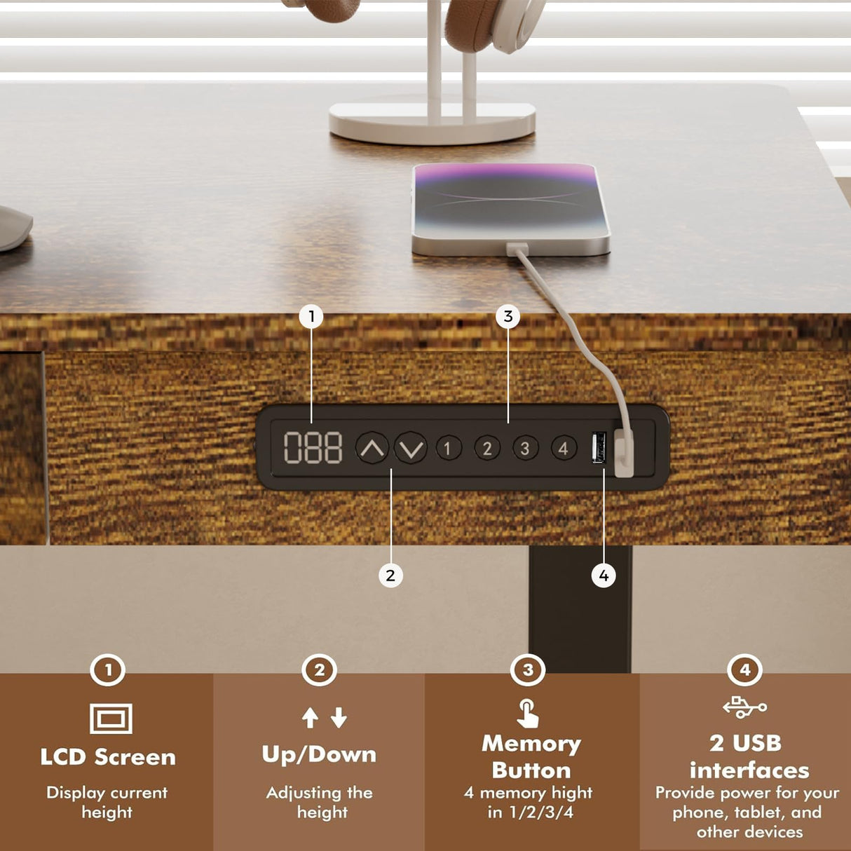 ADOFFUR Standing Desk with Drawer, 55 x 24 Inch Electric Standing Desk Adjustable Height Desk, Black Stand up Desk with One-Piece Brown Desktop, Wheels, Memory Presets, USB Ports for Home Office ADOFFUR
