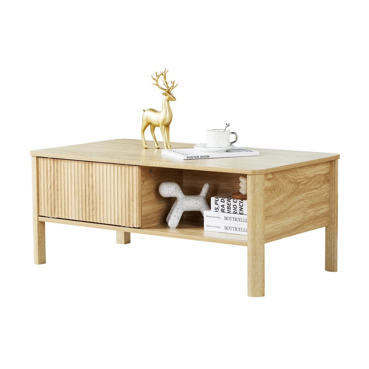 affeivul Rectangle Fluted Coffee Table with Storage and Sliding Drawers, Light Wood Coffee Table, Mid Century Modern Coffee Table Boho Style, Low for Living Room/Bedroom/Office (Natural) affeivul
