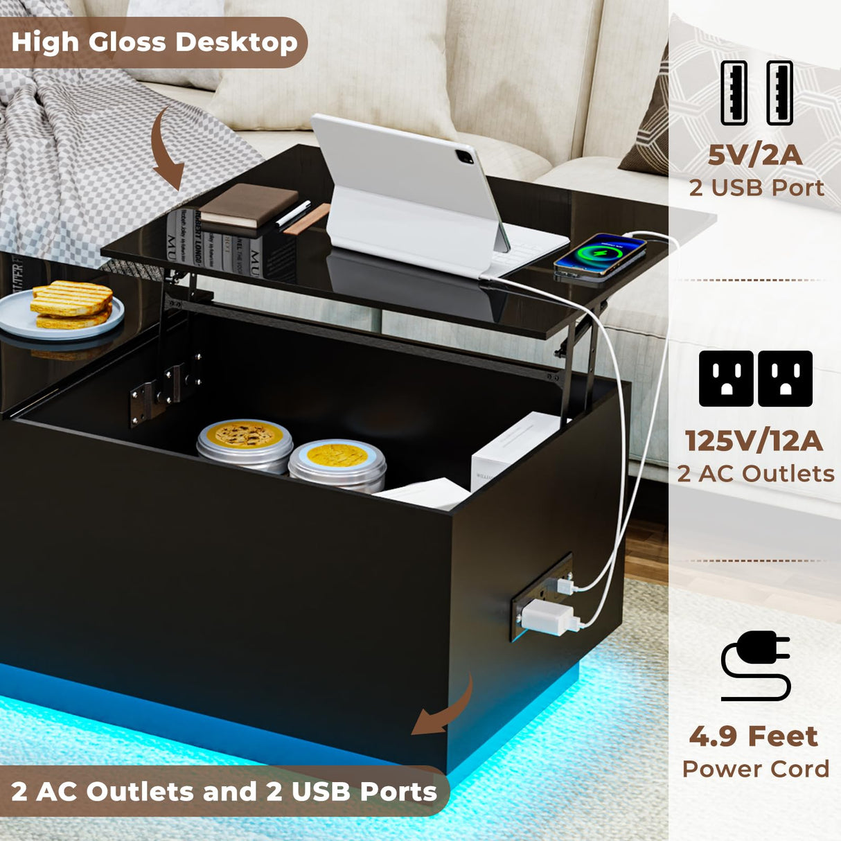HOMMPA Lift Top Coffee Table with Charging Station Black Led Coffee Table with Storage Hidden Compartment Modern Coffee Table with Lift Top Center Table with LED Light for Living Room Home Office HOMMPA