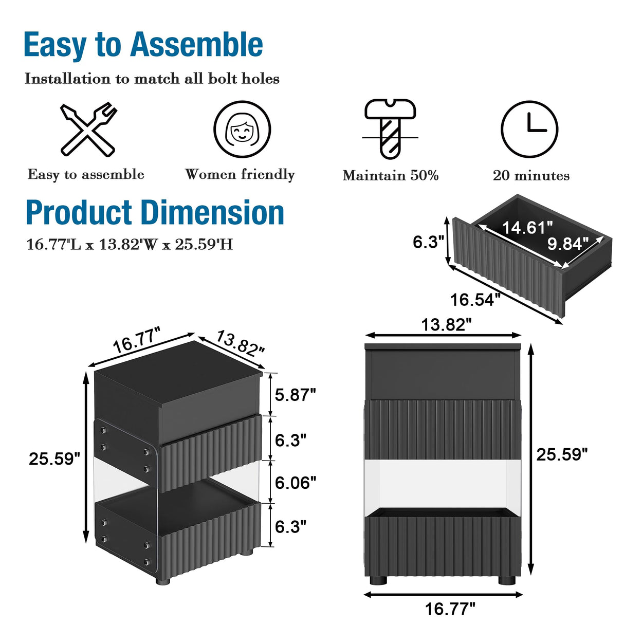 STHOUYN Bedroom LED Nightstand with Gun Drawers, Black Modern Night Stand with USB & Type-C Charging Station, Smart Nightstand Noght Stand, Bedside Table Gun Safe Side End Tables Office (1, Black) STHOUYN