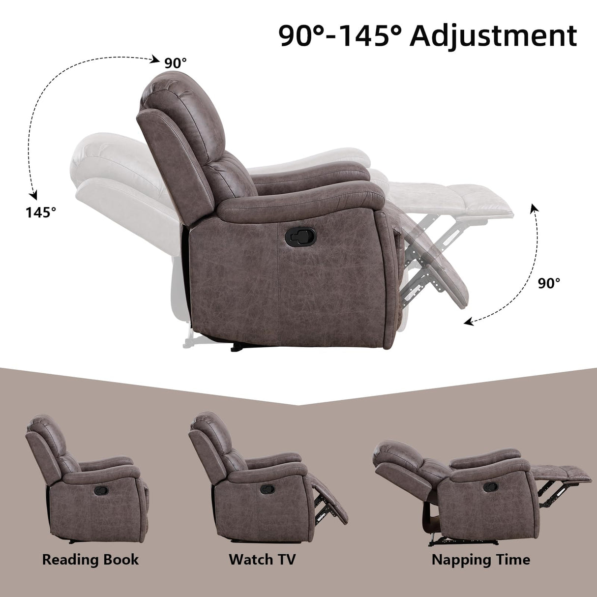 IOMOR Leather Recliner Chair, Manual Recliner Chair for Adults with Overstuffed Arms and Back, Single Sofa Recliner with Cup Holders for Living Room (1, Grey) IOMOR