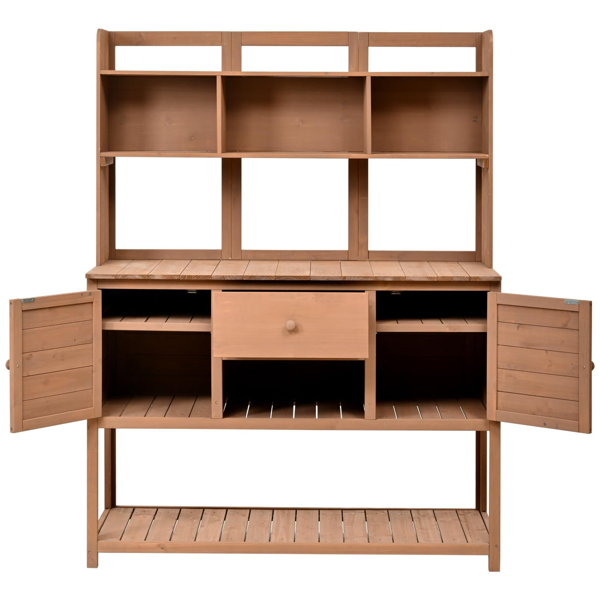 Merax Solid Fir Wood Potting Bench, Garden Workstation with Hutch, Drawer & Adjustable Shelves, Outdoor Work Table for Backyard Planting, Brown Merax