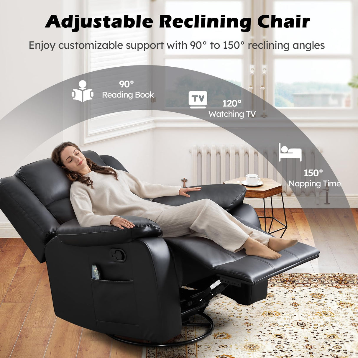 ANJ Swivel Rocker Recliner Chair, Manual Rocking Glider Massage Recliner with Heat, Overstuffed PU Leather Big Large Recliner for Living Room Bedroom Nursery ANJ