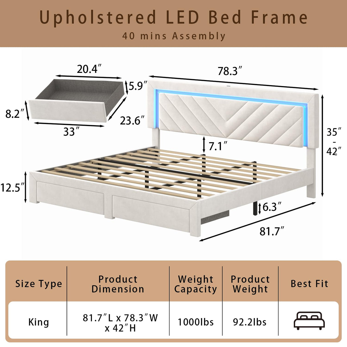 Incyneva Upholstered King Bed Frame with LED Headboard and Storage Drawer, Velvet Platform Bed Frame King Size with Charging Station, Adjustable Headboard, No Box Spring Needed, Off White Incyneva