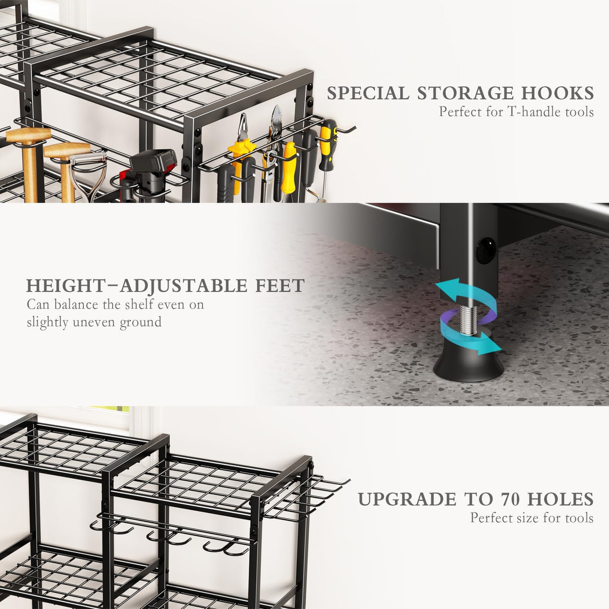 CICUFY Garden Tool Organizer Storage Metal Yard Tool Organizer Heavy Duty Garden Tool Rack Stand with 2 Extra Hooks, Up To 70 Long Handled Shovels/Rakes/Brooms Holder for Garage,Shed,Outdoor(Black) CICUFY
