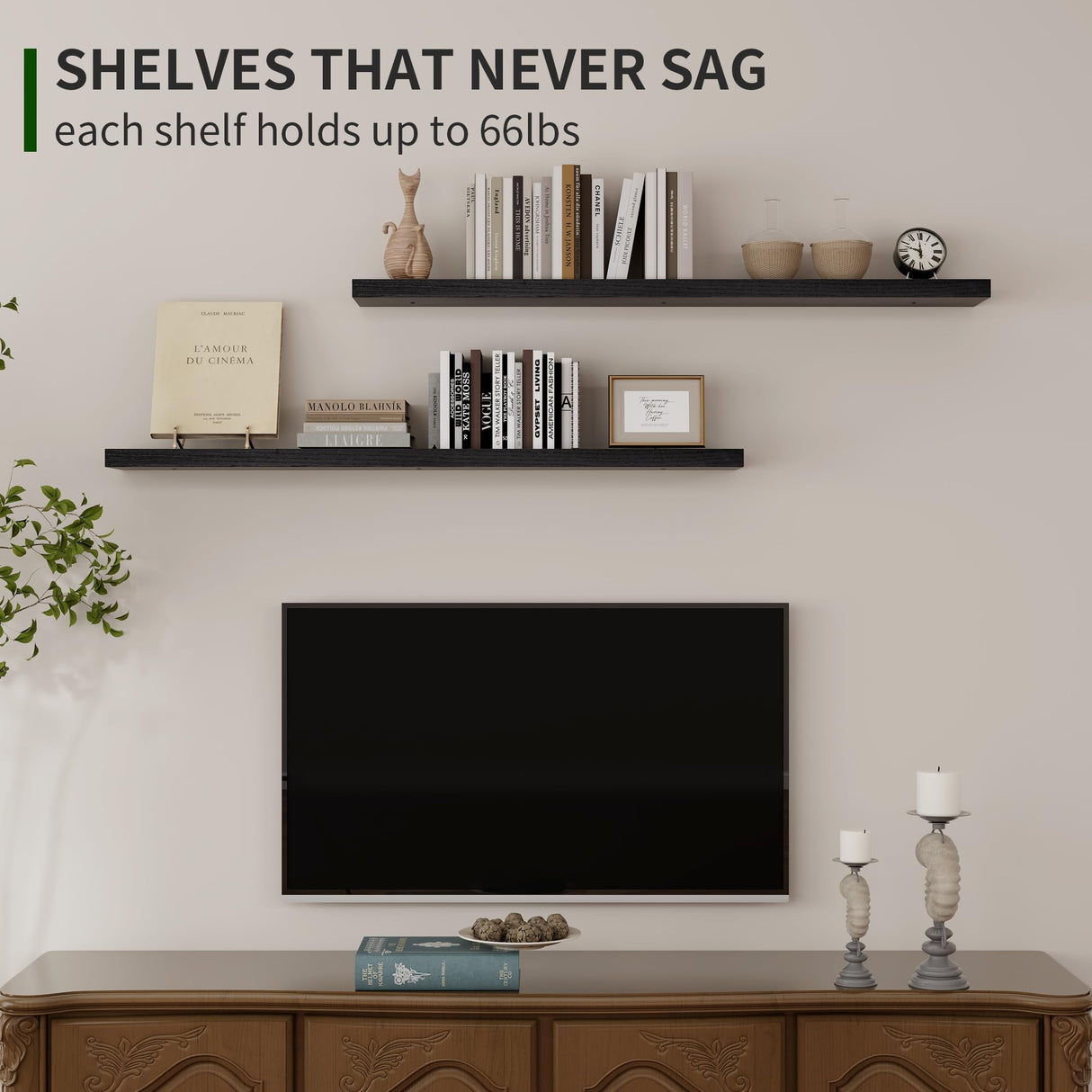 Marsmiles Black Floating Shelves, 48 Inch Wall Shelf Set of 2, Rustic Wood Shelves for Storage, Fireplace Mantel, Mounted Wooden Display Bathroom Bedroom Kitchen Garage, Distressed Black Marsmiles