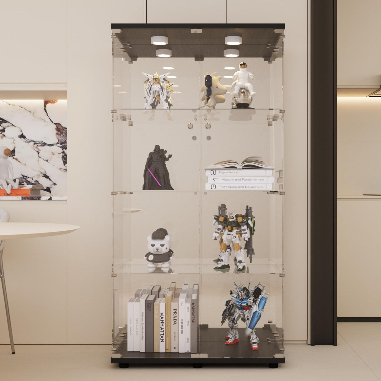 LFT HUIMEI2Y Glass Display Cabinet 4-Shelf with Light,Mirror and Lock, 2 Door Curio Cabinets, 5mm Tempered Glass Floor Standing Bookshelf for Bedroom, Living Room, Black LFT HUIMEI2Y