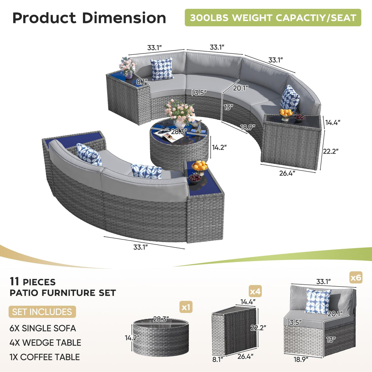 ABCASA Outdoor Patio Furniture Set with Coffee Table,11 Pieces Half-Moon Curved Outdoor Sectional Sofa and Side Table Waterproof Cover, Wicker Rattan Patio Coversation Set for Porch,Backyard(Grey) ABCASA