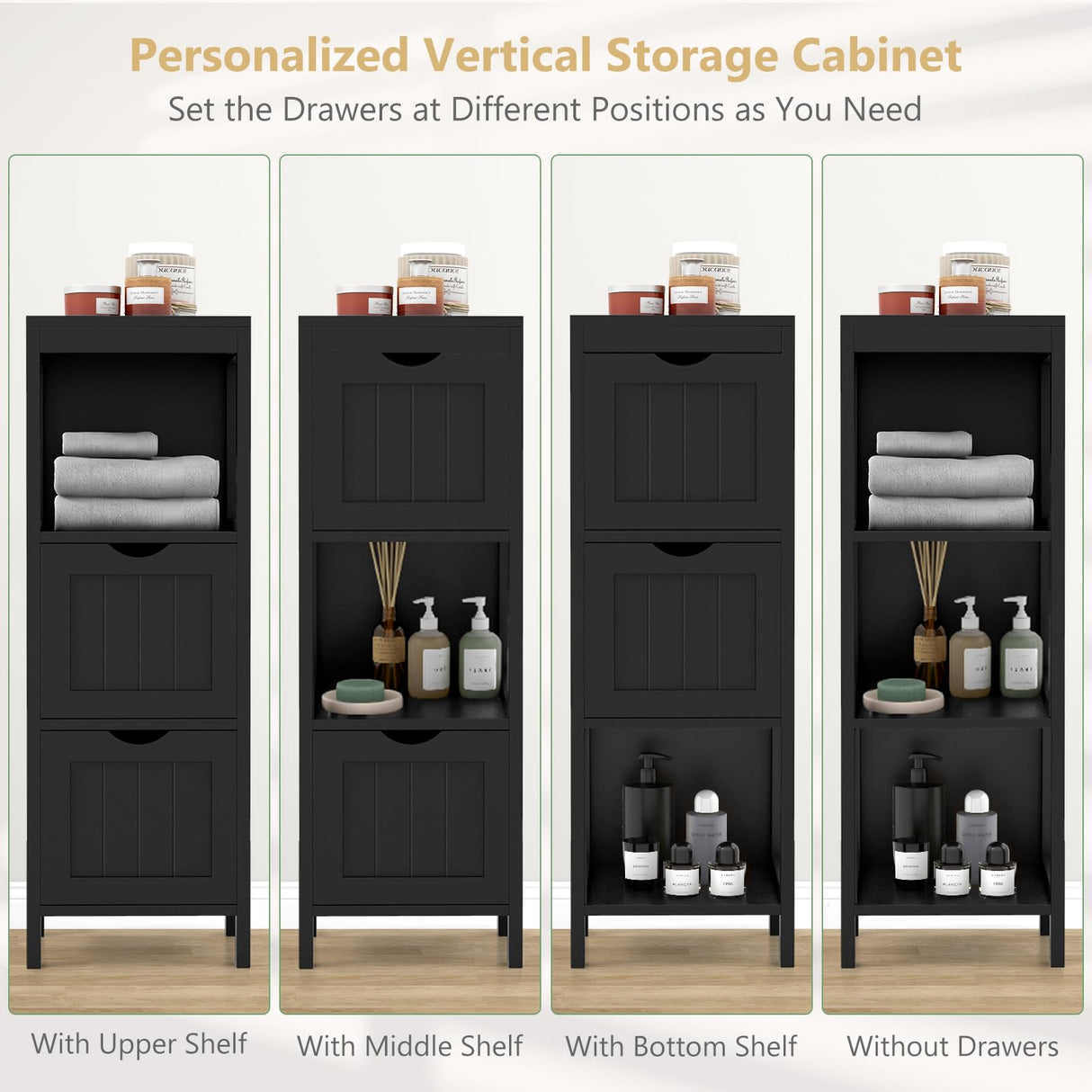 Tangkula Black Small Bathroom Storage Cabinet with 2 Removable Drawers Tangkula