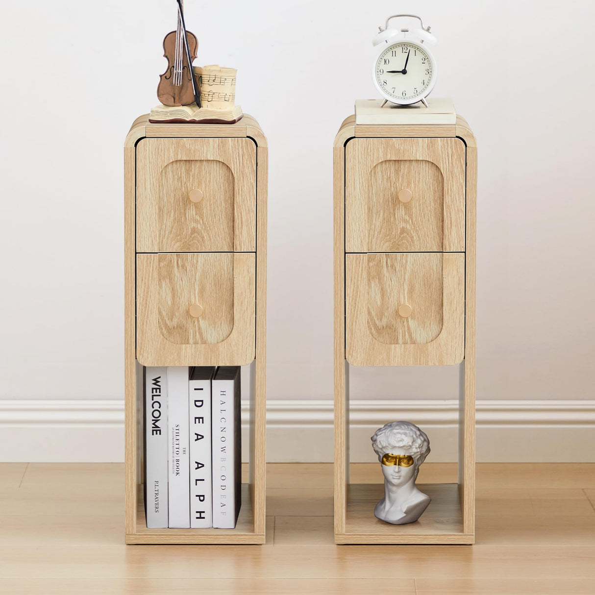 MAHYIZYI Small Nightstand Set of 2, Wooden Narrow Nightstands with 2 Drawers, Vintage Side End Table for Small Spaces, Skinny Night Stand, Bedside Table for Bedroom, Living Room (Natural-2PCS) MAHYIZYI