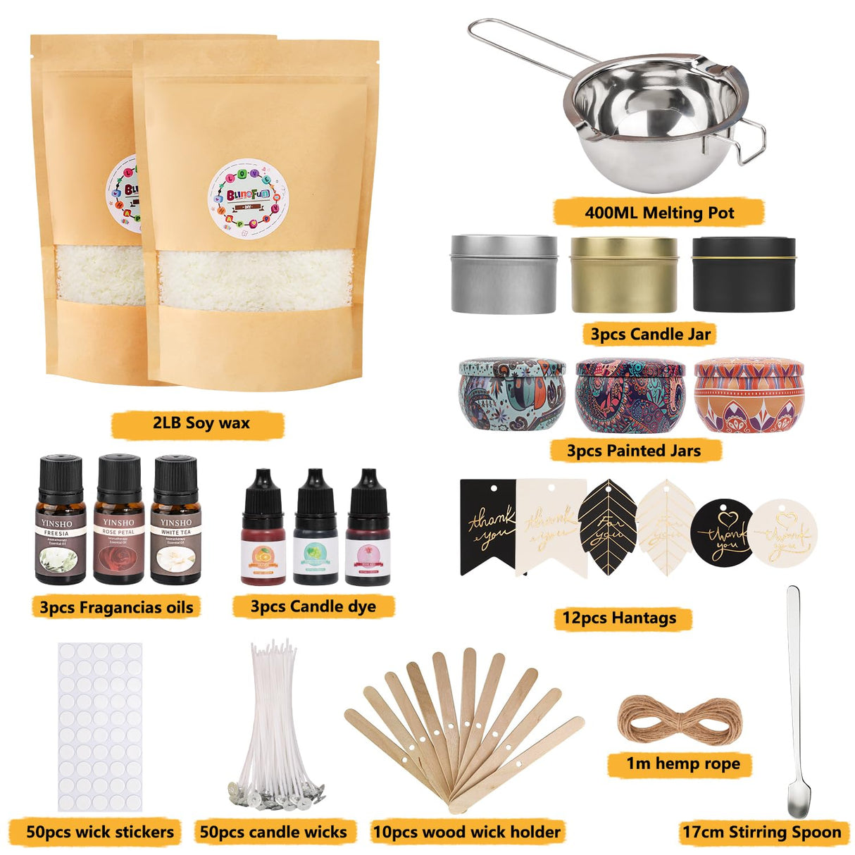 Blingfun 2LB Soy Wax Candle Making Kit,DIY Candle Making Supplies with Wicks, Stickers,Candle Jar, Melting Pot,Fragrances Oils & Dyes,Scented Candle Starter Full Kit for Adults Blingfun