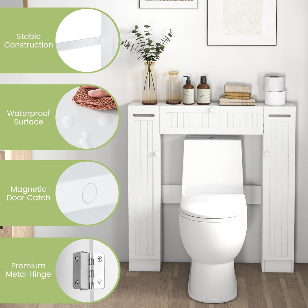 Giantex Over The Toilet Storage Cabinet with 2 Doors and Adjustable Shelves, Space-Saving Rack Bathroom Shelf with Paper Holder, Freestanding Bathroom Storage Over The Toilet for Small Space, White Giantex