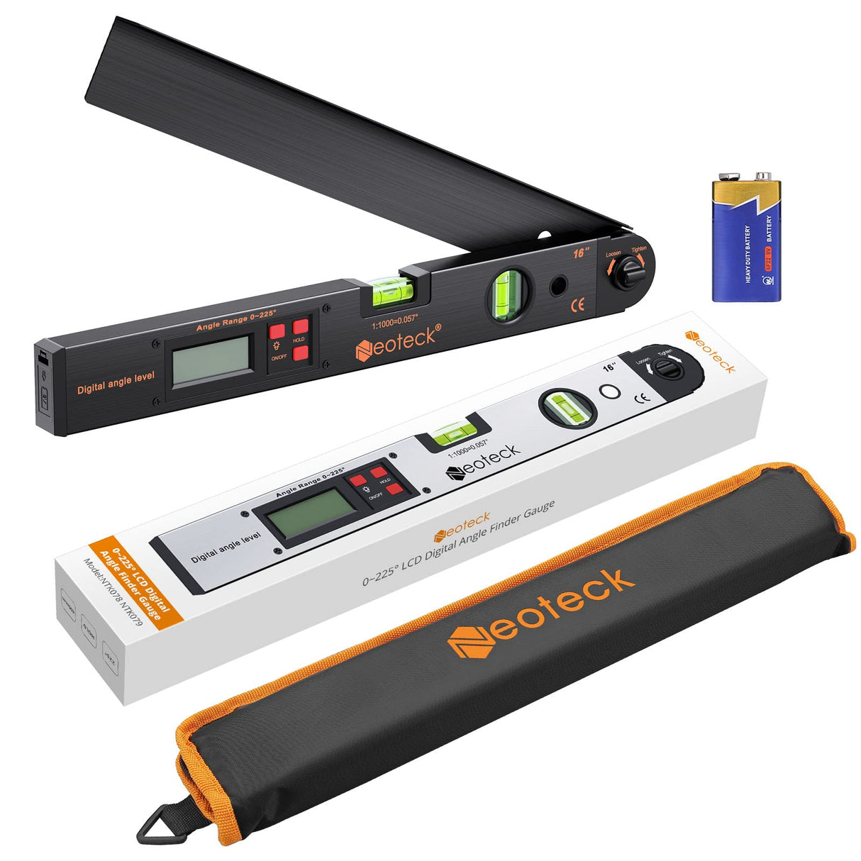 Neoteck Aluminum Digital Angle Finder Protractor 225° 16 inch Backlit LCD Digital with Horizontal and Vertical Bubble - Black Neoteck
