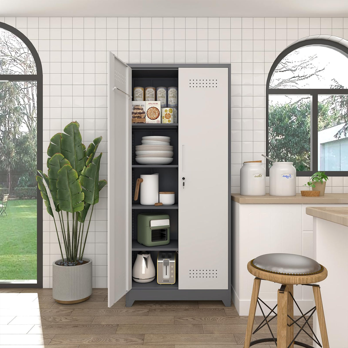 72.8"H Broom Closet Storage Cabinet, Utility Closet for Brooms and Mops, Cleaning Metal Storage Cabinet with Pegboard and Hanging Rod, Metal Cabinet with Doors and Adjustable Shelves,Garage,Grey-White SAFEFEVER