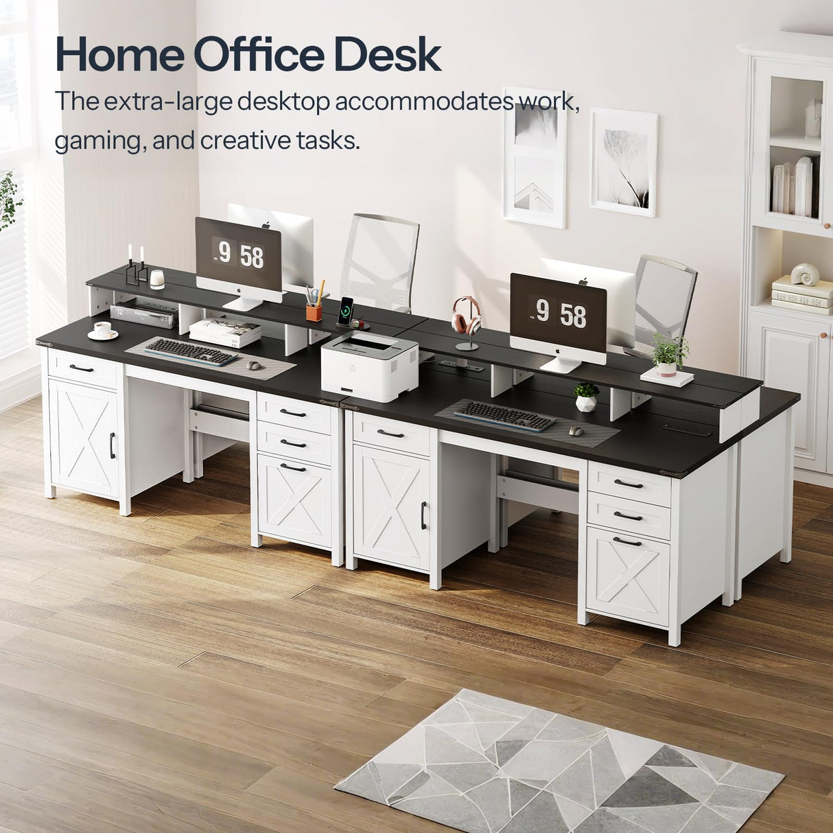 HOOBRO Farmhouse Executive Desk with Drawers, 63" Large Farmhouse Desk with Power Outlet & LED Light, Office Desk with Drawers, Computer Desk with File Cabinet, Writing Desk with Monitor Stand, White HOOBRO