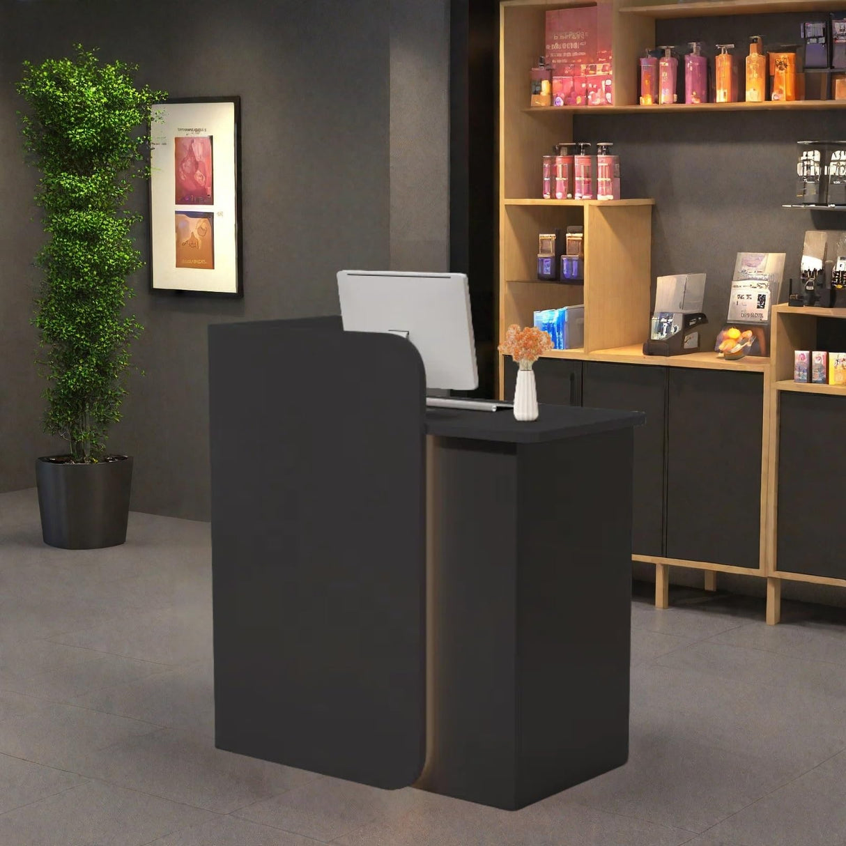 HEOTJUUQ Modern Reception Desk with Curved Privacy Panel & LED Light Strip, Lockable Drawers, 6 Color Options Front Counter Desk, Retail Checkout Counter for Salon, Office, Boutique(Black) HEOTJUUQ