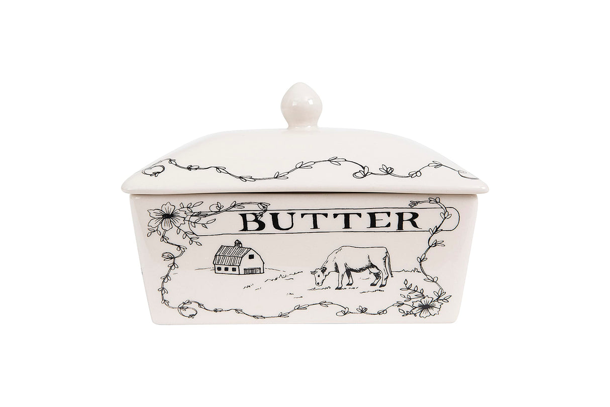 Creative Co-Op Country Stoneware Butter Dish with Lid, "Spread the Love" Message, and Farm Line Drawing, White and Black, Food, Microwave, and Dishwasher Safe Creative Co-Op