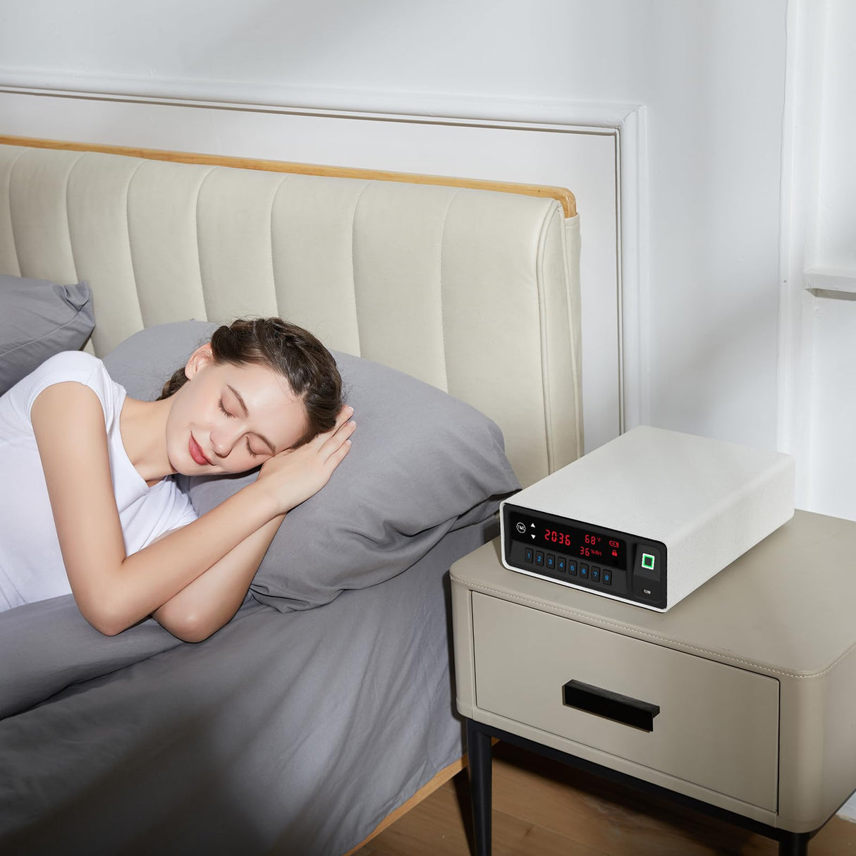 QINGENO Smart Gun Safe with Security Cable - Biometric Pistol Safe for 2 Handgun 3 Ways Quick Access with Fingerprint/Keypad/Key, for Nightstand Bedside Home with LCD and Voice Guide (White) QINGENO