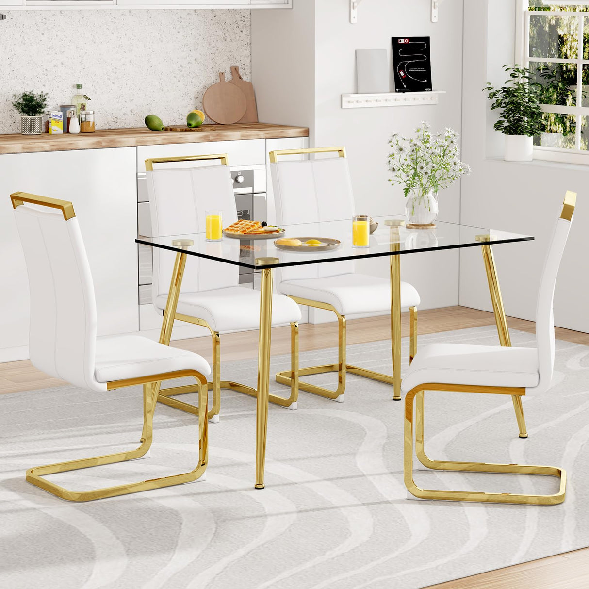 Ebullient Glass Dining Table Set for 4,5 Piece Dining Table and Chairs Set,Modern Kitchen Dining Room Table with 4 White PU Leather Dining Chairs,0.31” Tempered Glass Table Top with Gold Metal Legs Ebullient
