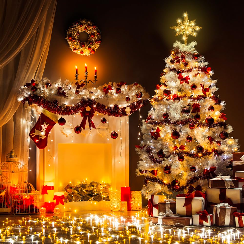 DULEFUN Christmas Tree Topper Lighted 13.5” Gold Star Tree Toppers with 20 LED Lights Christmas Tree Top Ornament for New Year Holiday Home Office Indoor Decorations DULEFUN