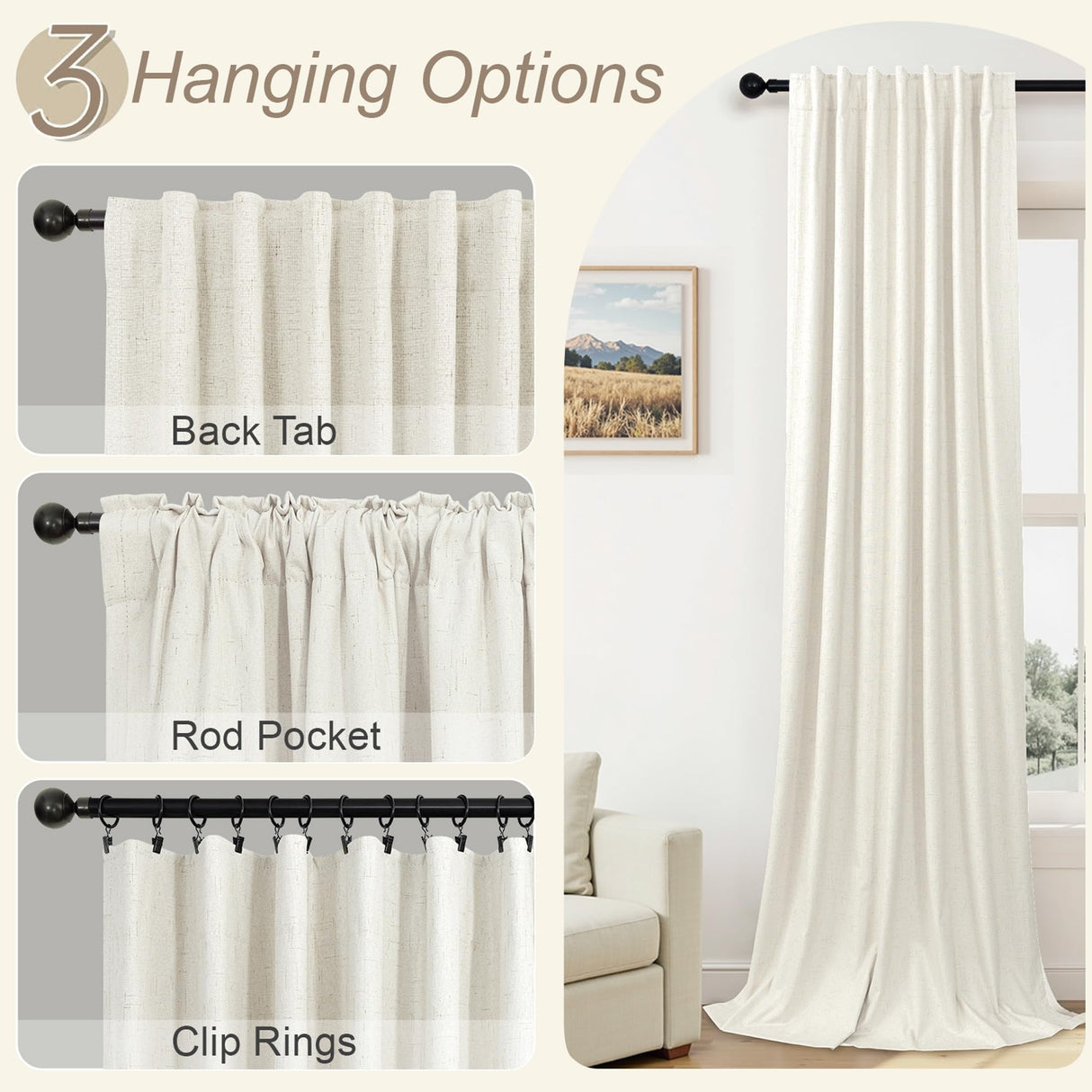 100% Blackout Curtains 84 Inch Length 2 Panels Set Neutral Boho Linen Farmhouse for Bedroom Windows Living Room Darkening Thermal Insulated Drapes Natural Cream Ivory 7ft Long Back Tab Pleated Pocket Pitalk