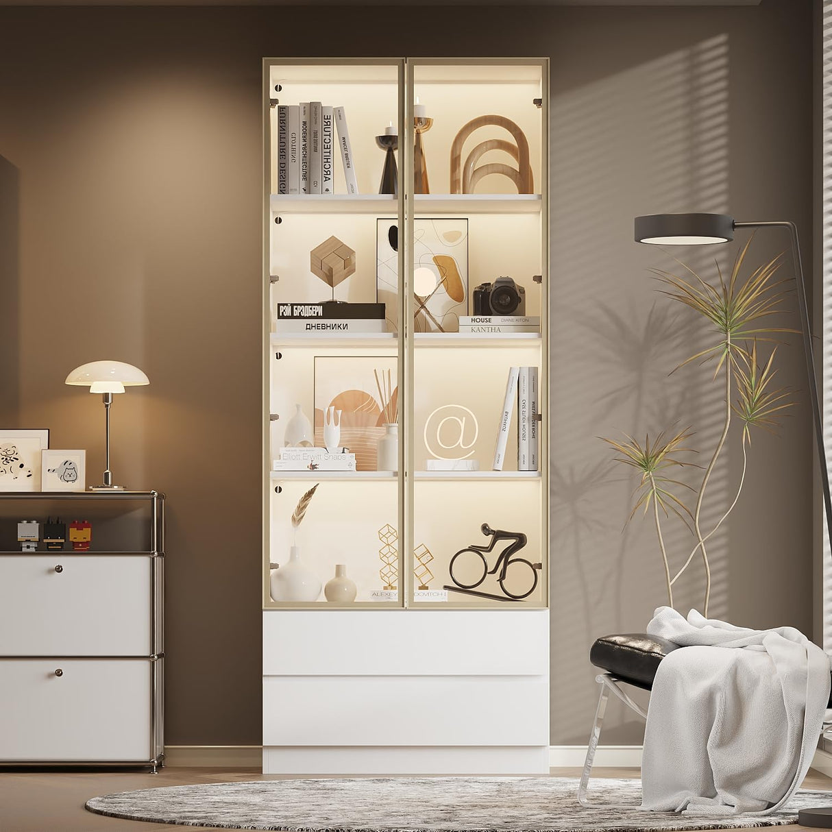 WOODTIME 78.7" H Display Storage Cabinet with Tempered Glass Doors & 3-Color Light, Wooden Curio Cabinet Bookcase Bookshelf with 4-Tier Shelves & 2 Drawers for Home Office Living Room Salon, White WOODTIME