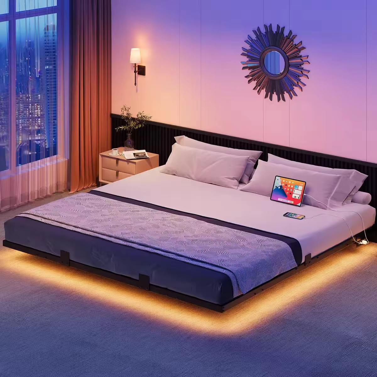 DWVO King Size Floating Bed Frame with LED Lights and Charging Station – Sturdy Metal Platform Design, No Box Spring Needed DWVO