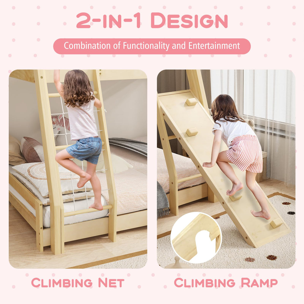 Costzon Twin Over Queen Bunk Bed, House Shaped Bed Frame with Climbing Nets and Ramp, Safety Guardrail, No Box Spring Needed, Wooden Kids Bed for Boys Girls (Natural, Twin Over Queen) Costzon