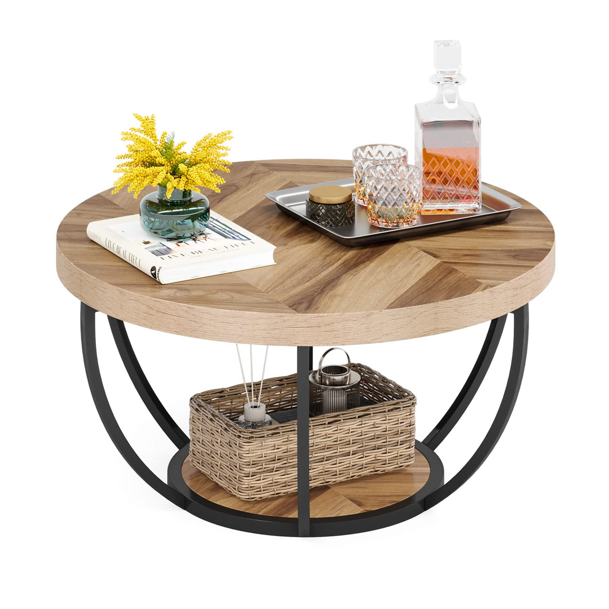 Tribesigns 31.7" Round Coffee Table, Industrial 2-Tier Circle Coffee Table with Storage Shelves, Modern Wooden Accent Center Table Sofa Side Table for Living Room, Home Office, Wooden Grain Tribesigns