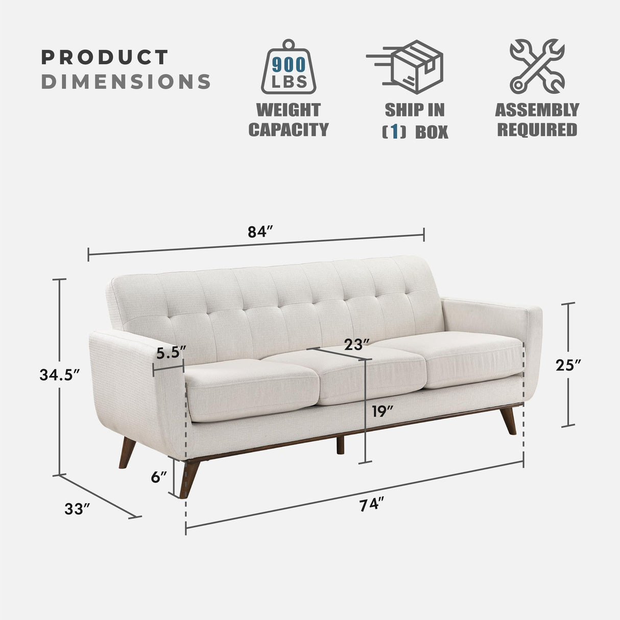 Lexicon Modern Accent Couch, Textured Fabric Upholstered Sofa with Brown Wood Legs, Track Arms, Tufted Couch Back, 3 Seater Sofa for Living Room/Office/Waiting Room, Beige Lexicon