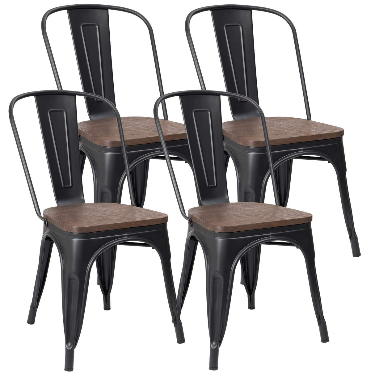 JUMMICO Metal Dining Chair Stackable Industrial Vintage Kitchen Chairs Indoor-Outdoor Bistro Cafe Side Chairs with Back and Wooden Seat Set of 4 (Black) JUMMICO
