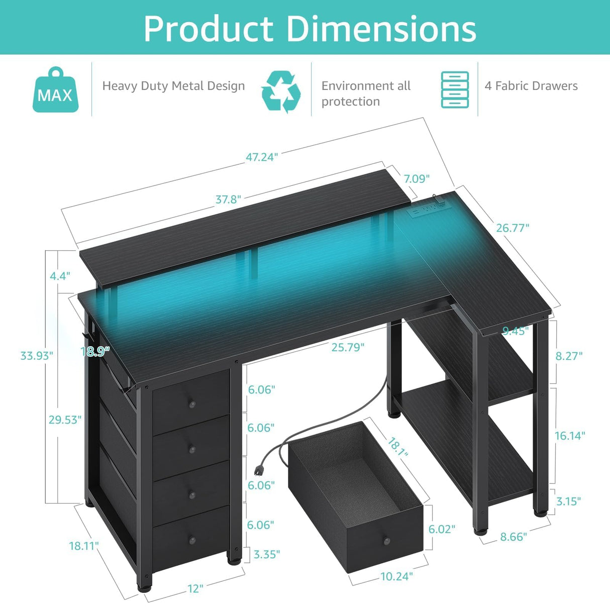 Lufeiya L Shaped Gaming Desk with Led Lights and Power Outlets, 47 Inch Writing Study Computer Desks with Fabric Drawers for Bedroom, Corner Home Office Desk with Monitor Stand Shelves, Black Lufeiya