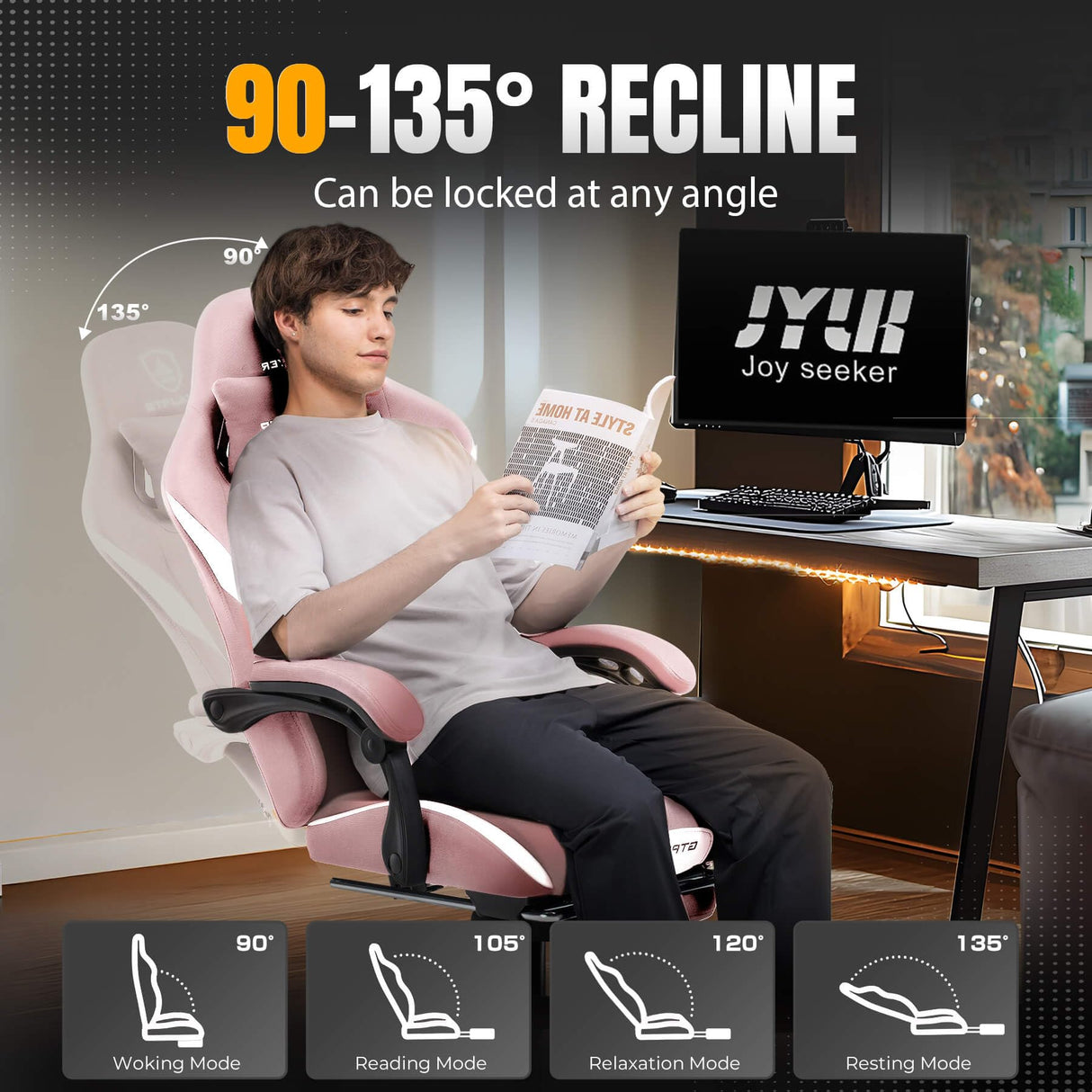 GTRACING Gaming Chair Ergonomic Office Chair with Foot Rest & Pocket Spring Cushion, High Back Computer Desk Chair with Headrest & Lumbar Support, Breathable Fabric Game Chair for Adults, Pink GTRACING