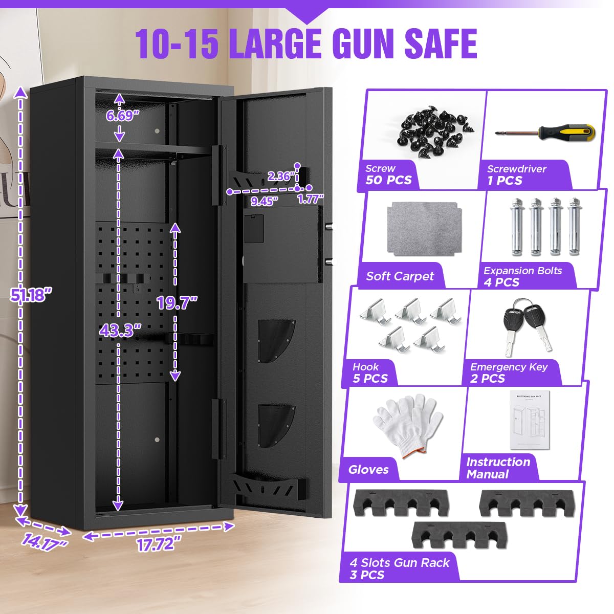 10-15-Gun Capacity Rifle Safe with Quick Access Digital Keypad - Anti-Theft & Anti-Pry Design Home Security Safe with Adjustable Pegboard Shelves for Pistols, Easy Assembly Rifle Cabinet MSYCOST